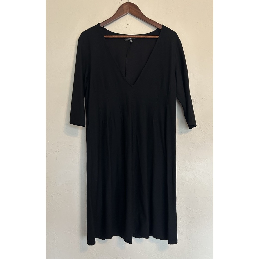 Eileen Fisher Deep V Neck Black Fit Flare Dress L Minimal Classic Capsule